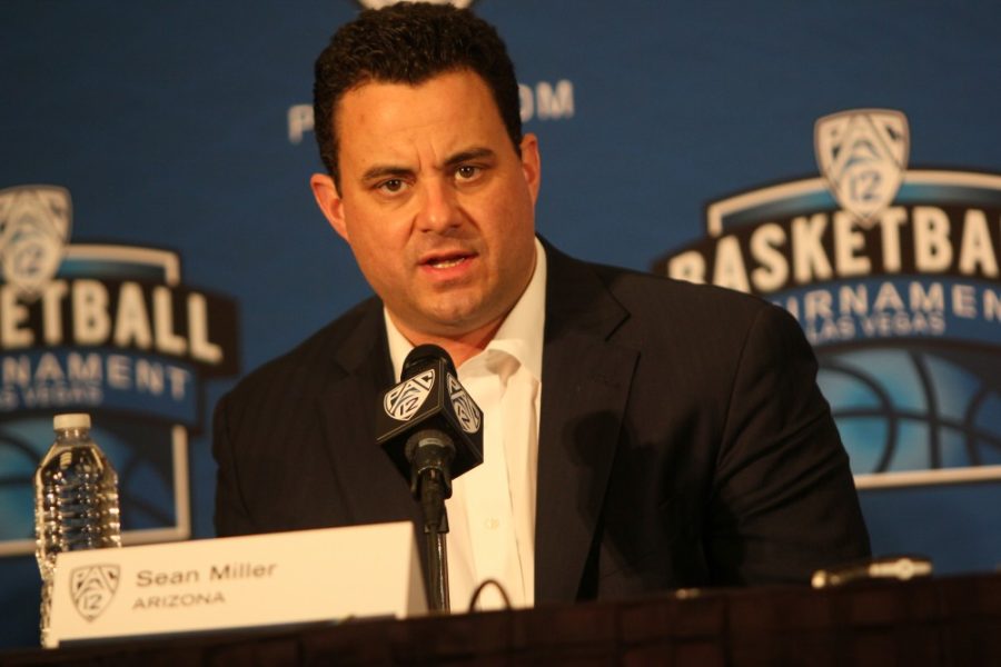 	Sean Miller talks to the media in a post-game press conference after losing to UCLA in the semifinals of the Pac-12 Tournament in Las Vegas on March 15, 2013. 