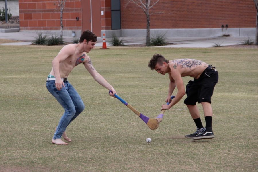 	Matt Coope (left), a pre-pharmacy junior and Isaiah Bruno, a mechanical engineering junior, jockey for the sliotar (ball) in a sport known as hurling. Hurling dates back almost 2,000 years.