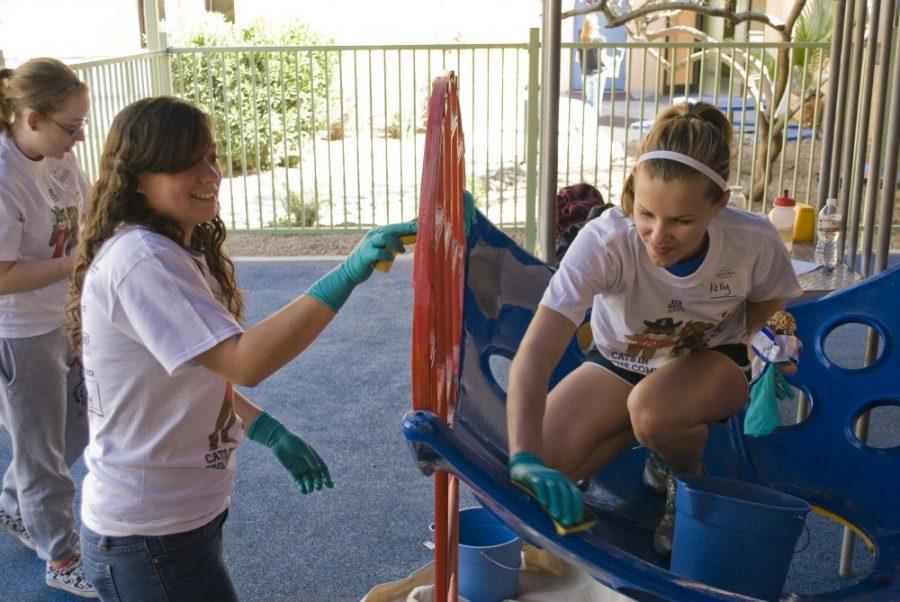 Matthew Fulton /  Arizona Daily Wildcat

Volunteers came to the St. Elizabeths Health Center to help renovate the premises. Duties included painting walls, creating a Bens Bells mural, revamping the playground, and building toy chests.