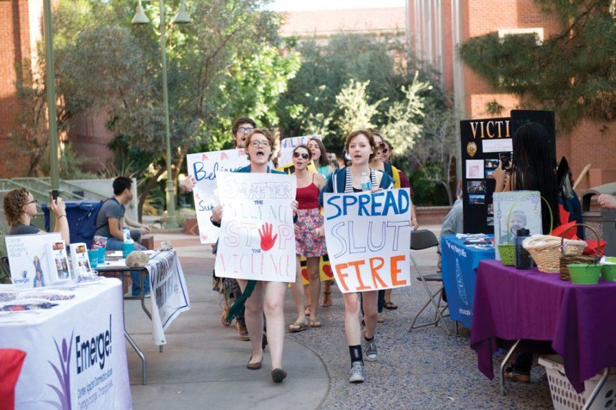 Tyler Besh /Arizona Daily Wildcat

Kelly Ancharski (left) and Samantha Sharman (right) lead the student protest against sexual violence in the Womens Plaza of Honor April 23, 2013.