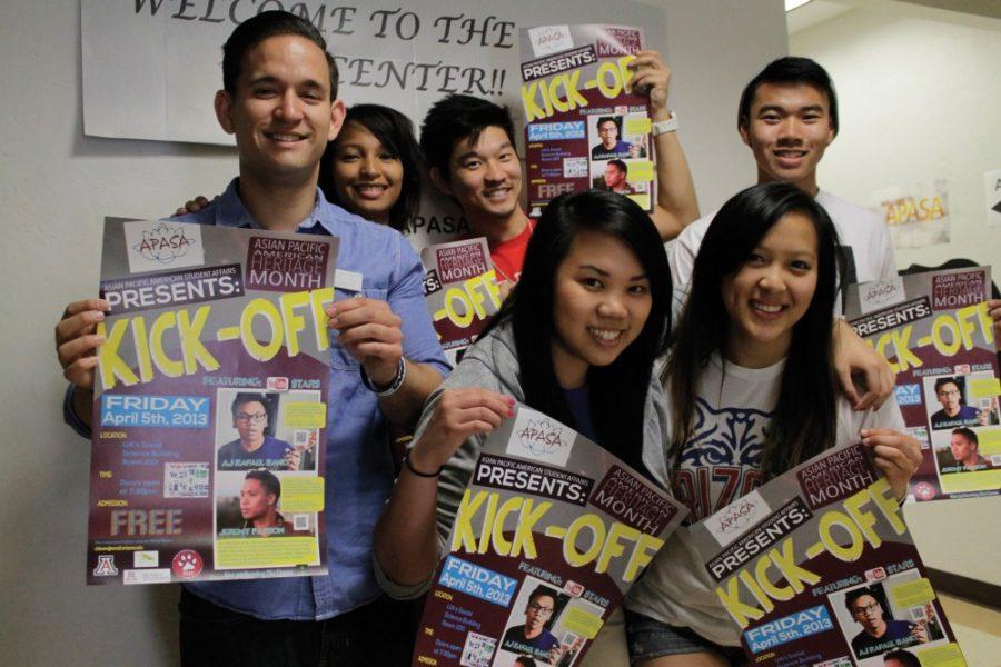 Briana Sanchez /  Arizona Daily Wildcat
 
Members of Asian Pacific American Student Affairs, Chine Myers, Tidra Smith, Jon Yamaguchi, Cody Vito, Jenn Phan, Felicia Aflague display the kick-off flyer for their up and coming event as part of Asian Pacific American heritage month.