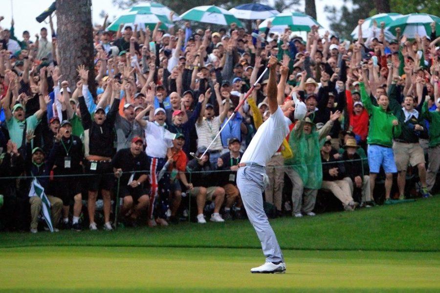 Adam Scott celebrates his win at The Masters at Augusta National Golf Club in Augusta, Georgia, Sunday, April 14, 2013. (Tim Dominick/The State/MCT)