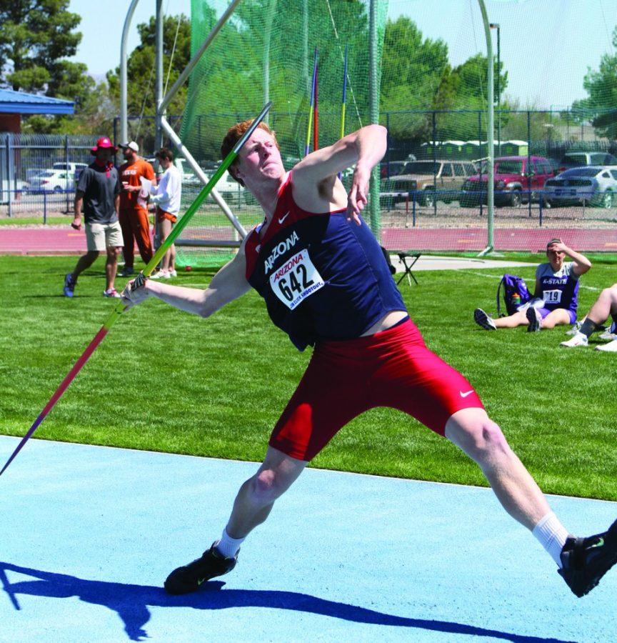 Kelsee Becker / Arizona Daily Wildcat

Jonathan Giess places 9th in Mens Javelin with a 52.93m throw. UA hosted the 2013 Jim Click Shootout at Roy Drachman Field on Saturday, April 6.