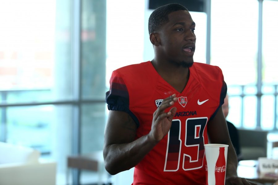 Tyler Besh/ Arizona Daily Wildcat

Receiver, Davonte Neal, speaks the media at the Arizona football media day held in the new Lowell-Stevens Football Facility on Sunday, Aug. 18, 2013.  The UA football program is currently waiting to hear, from the NCAA, if Neal is eligible for the 2013 season.  