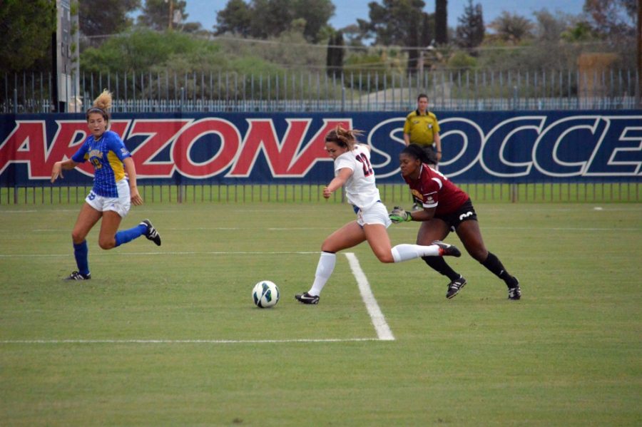 Brian Valencia / Arizona Daily Wildcat

Emily Lai prepares to score against UC Riverside on Friday, Aug. 30, 2013. Lai is a junior at the University of Arizona. 