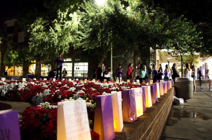 Rebecca Noble/ The Daily Wildcat

Alpha Chi Omega holds a candlelight vigil on Thursday, October 24th outside of the Student Union Memorial Center in to raise awareness and show support for battered women.