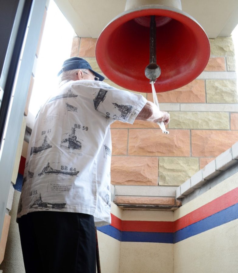 Grace Pierson / The Daily Wildcat

USS Arizona survivor Lauren Bruner rings the bell on Thursday afternoon in the tower of the Student Union Memorial Center. The bell is one of the few remnants from the USS Arizona, and Bruner had the chance to touch and ring the bell after so many years. As Bruner sits back down and relays the experience, he exclaims That was awesome.