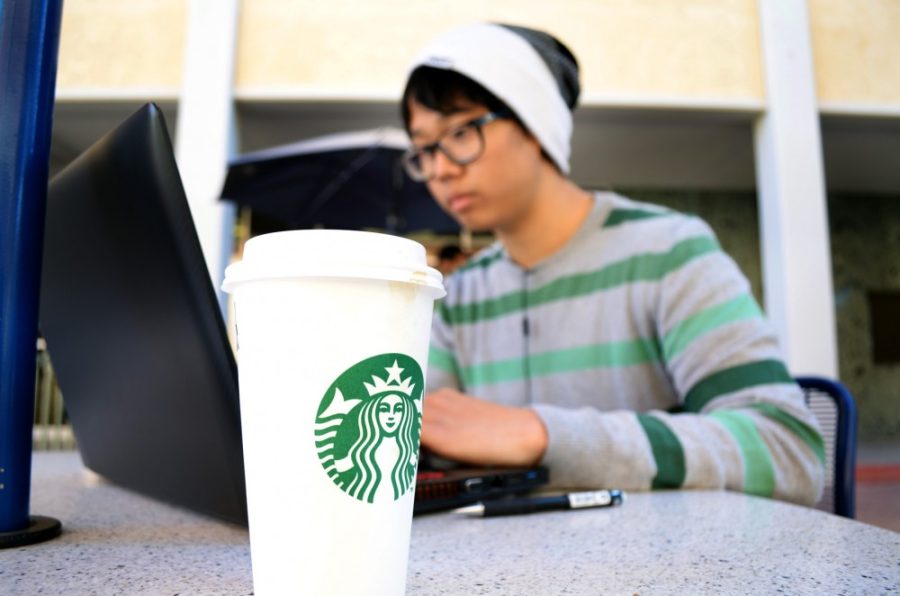 Grace Pierson/ The Daily Wildcat

Armed with his Starbucks coffee, Lloyed Cho, an undeclared freshman, gets a head start on his english paper on Wednesday in front of the Science and Engineering Library.