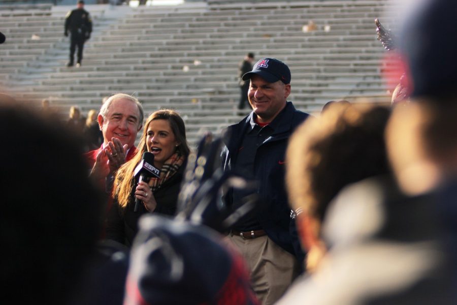 Rebecca+Marie+Sasnett%2F+Daily+Wildcat+%0A%0AHead+Coach+Rich+Rodriguez+smiles+towards+the+ESPN+camera+after+the+Wildcats+won+the+AdvoCare+V100+Bowl+Game+against+BC+at+Independence+Stadium+Tuesday.