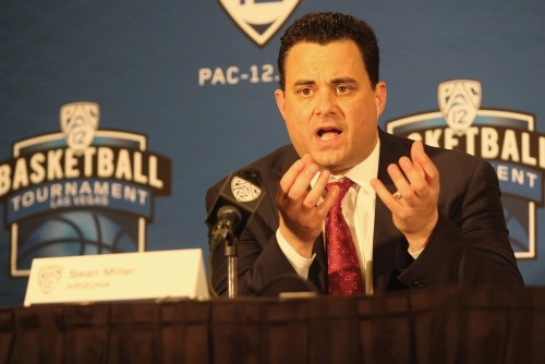 	File photo / The Daily Wildcat UA men’s basketball head coach Sean Miller addresses the media following the Wildcats’ controversial loss to UCLA last year in the Pac-12 tournament.