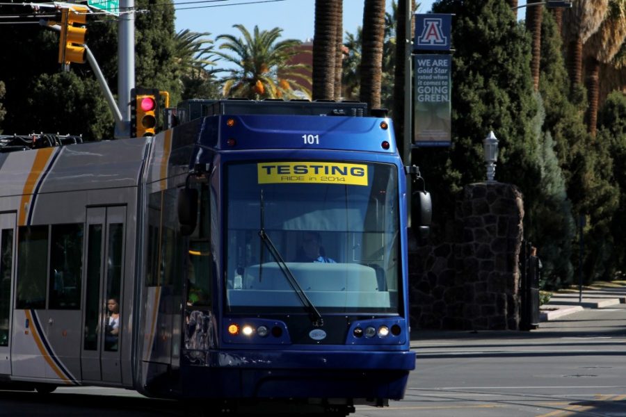 The City of Tucson tests the three new streetcars on University Blvd. Monday.