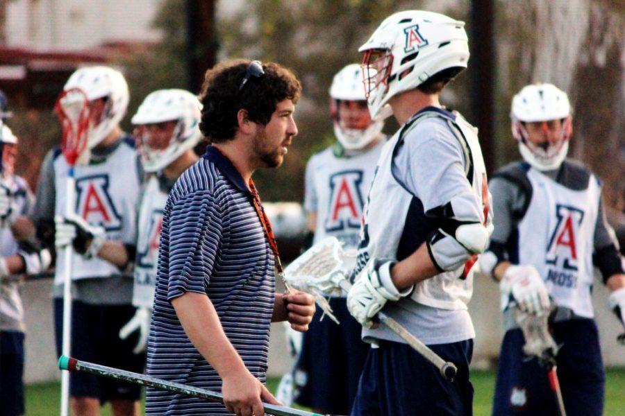 Jessie+Webster%2F+The+Daily+Wildcat%0A%0ALacrosse+head+coach+Derek+Pedrick+coaches+the+Arizona+Mens+Lacrosse+team+during+practice+at+Cherry+Field+on+Wednesday%2C+Feb.+19.