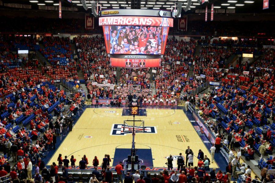 Tyler+Baker%2F+The+Daily+Wildcat%0A%0AFans+start+to+take+their+seats+before+the+Arizona+vs.+Oregon+basketball+tips+off+at+McKale+Center+on+Thursday.+Arizona+won+67-65+against+Oregon+and+plays+Oregon+State+on+Sunday+at+5+p.m.