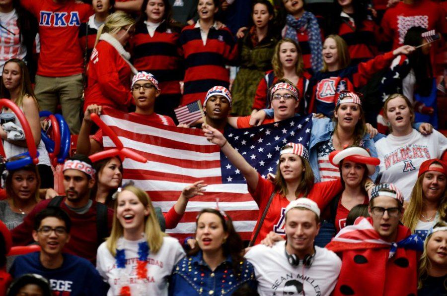 Tyler Baker/ The Daily Wildcat

ZonaZoo dressed up in the red, white and blue for the Arizona vs. Oregon basketball game at McKale Center on Thursday.