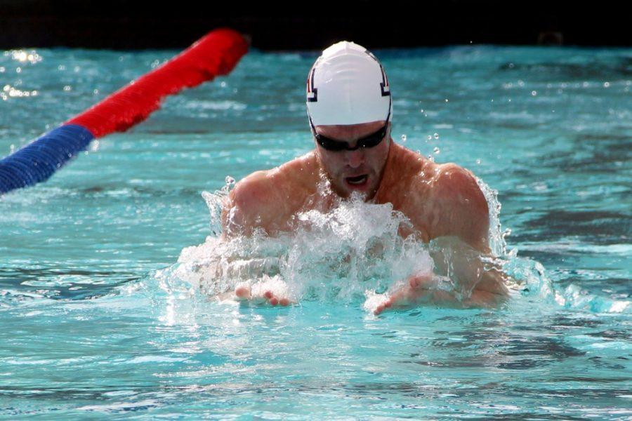 Junior Kevin Cordes swims in the 100y breast stroke at Hillenbrand Aquatic Center on Saturday. Cordes won 53.64 and is the American record holder in both the 100y and 200y breast stroke.