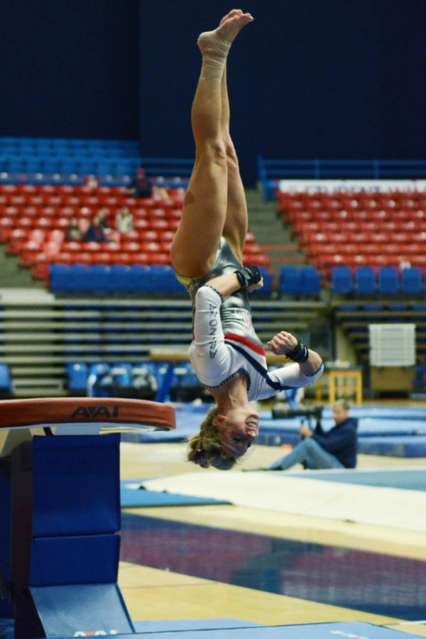 Rebecca Noble/ The Daily Wildcat

Amber Wobma competed against UCLA with her teammates on Saturday in the McKale Center. The Gymcats scored lower than UCLA, 196.250-197.500. 

