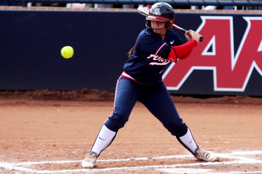 Rebecca+Marie+Sasnett%2F+The+Daily+Wildcat%0A%0AJunior+catcher+Chelsea+Goodacre+hits+a+home-run+during+the+bottom+of+the+first+inning+of+Arizonas+9-1+win+against+Indiana+in+the+Wildcat+Invitational+at+Hillenbrand+Memorial+Stadium+on+Sunday.