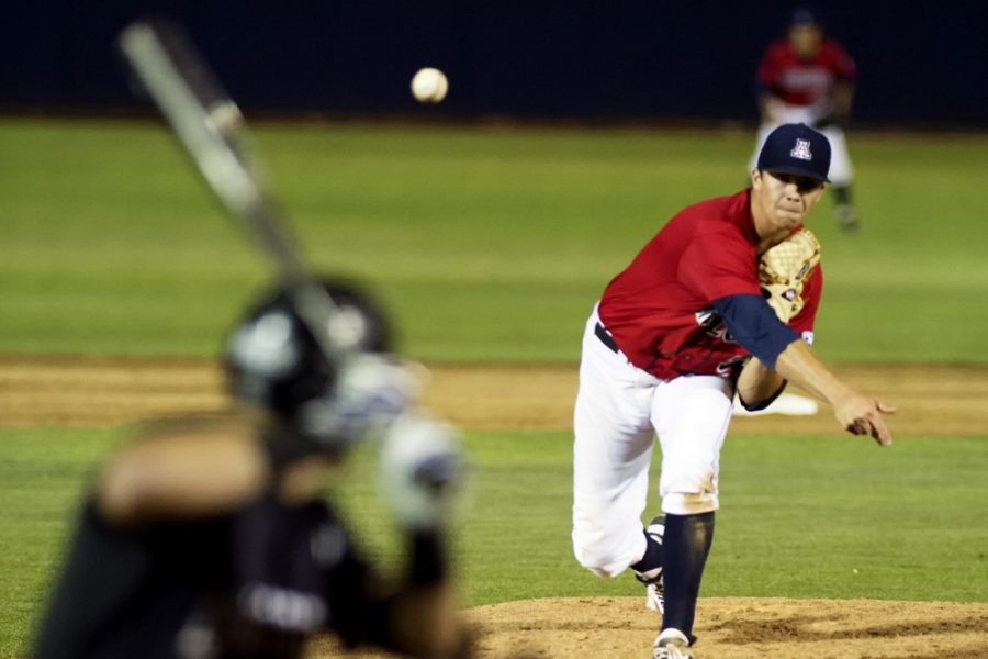 	Freshman Bobby Dalbec pitches during Arizona’s 3-2 loss against Long Beach State at Hi Corbett Field on Tuesday. Dalbec gave up the Dirtbag’s game winning run in the ninth inning.