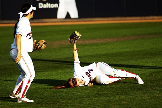 Carlos Herrera/The Daily Wildcat

Senior Alex Lavine comes up with the ball after a diving catch against Tennessee State during the Hillenbrand Invitational on Saturday. Arizona clobbered the Tigers 10-1 in five innings in front of 2,471 fans improving their record to 7-0 for the season.