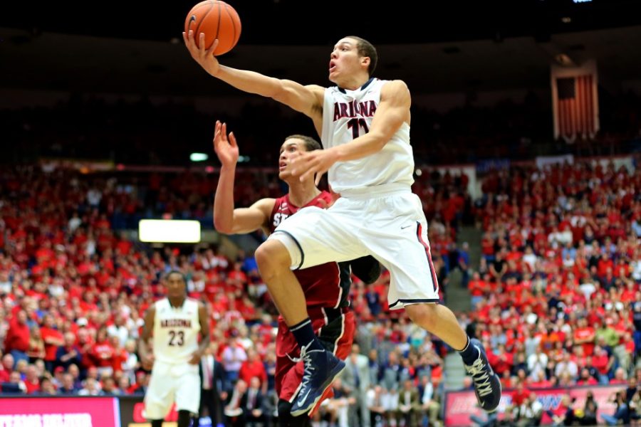 	Freshman forward Aaron Gordon shoots the ball during the first half of Arizona Wildcats vs Stanford Cardinals basketball game in McKale Center on Sunday. Arizona leads 41-28 against Stanford.