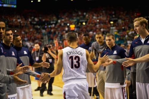 	Pac-12 player of the year Nick Johnson is introduced prior to Arizona’s game against Utah last week in Las Vegas. The Wildcats’ road to the Final Four stays in the West, San Diego and then Anaheim, Calif.