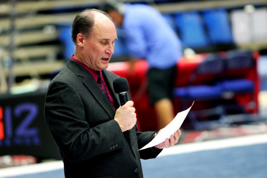 Savannah Douglas / The Daily Wildcat

Bill Ryden, head coach of Arizona gymnastics for 14 seasons, delivers personalized speeches about each gymnast acknowledged in honor of senior night on March 15. 