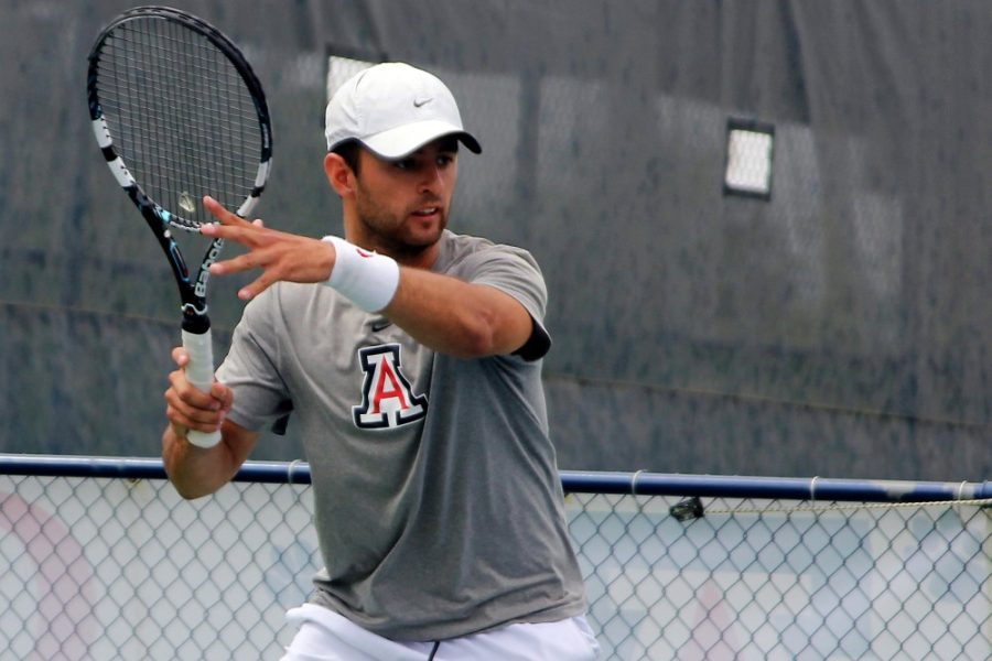 	Arizona senior Mario Urquidi returns Stanford’s serve during Arizona’s 4-3 loss to Stanford at LaNelle Robson Tennis Center on March 30. Arizona opens play at the Pac-12 Conference tournament today.