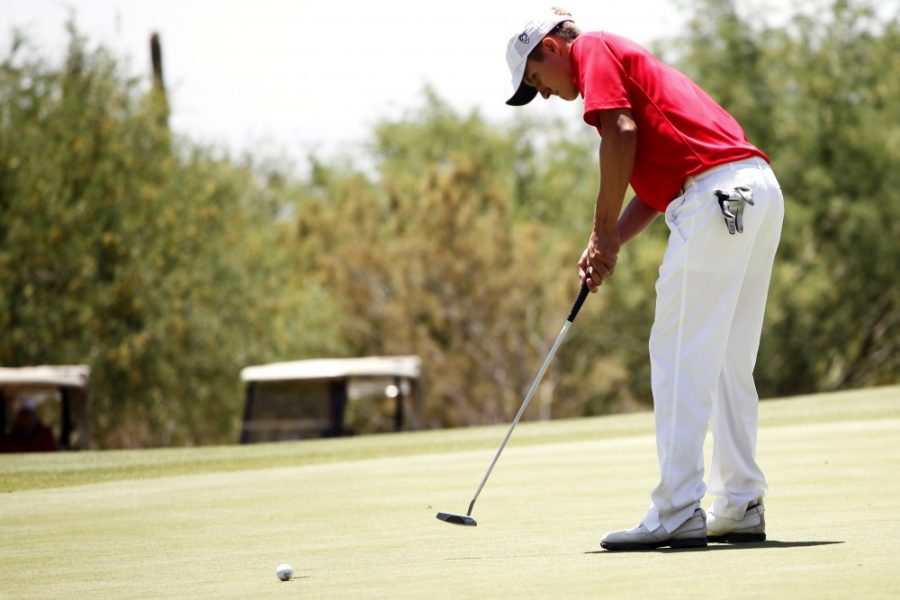 Arizona junior Alex McMahon putts the ball during the last day of the Mens Golf Pac-12 Championship Tournment on Sunday at Gallery Golf Club. The Wildcats finished ninth and McMahon tied for ninth, shooting a 292 over four rounds.