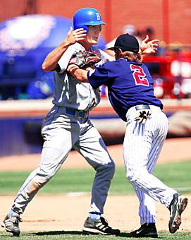 	Former Wildcat Colt Sedbrook tags out a UCLA runner in 2007 at Sancet Stadium. Sedbrook, who is now a high school baseball coach in Colorado, said he brought hit team to a tournament in Tucson to check out the current Wildcats.