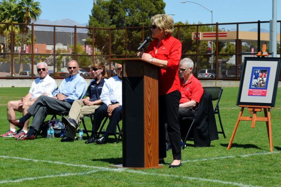 Devin Means / The Daily Wildcat

Kathleen Rocky LaRose, former deputy director of athletics, gives a speech during the ceremonial changing of Cherry Field to former Arizona rugby head coach David Sitton Field on March 29th at the newly renamed David Sitton Field.