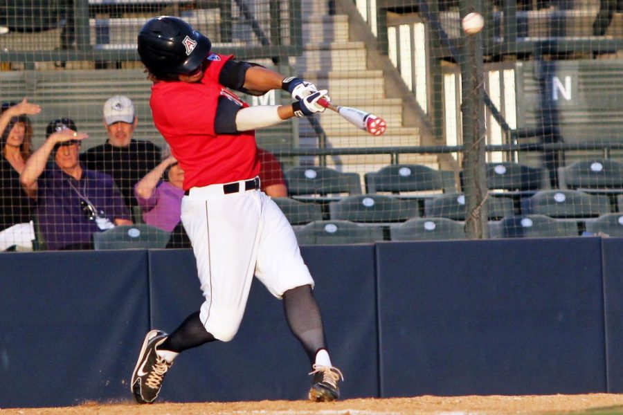Arizona+outfielder+Zach+Gibbons+%2823%29+hits+a+three+base+run+during+the+third+inning+of+Arizonas+6-5+loss+against+Abilene+Christian+in+game+two+of+the+three+game+series+Saturday.+Arizona+plays+Abilene+Christian+for+game+three+and+Arizonas+last+game+of+the+season+Sunday+at+12+p.m.
