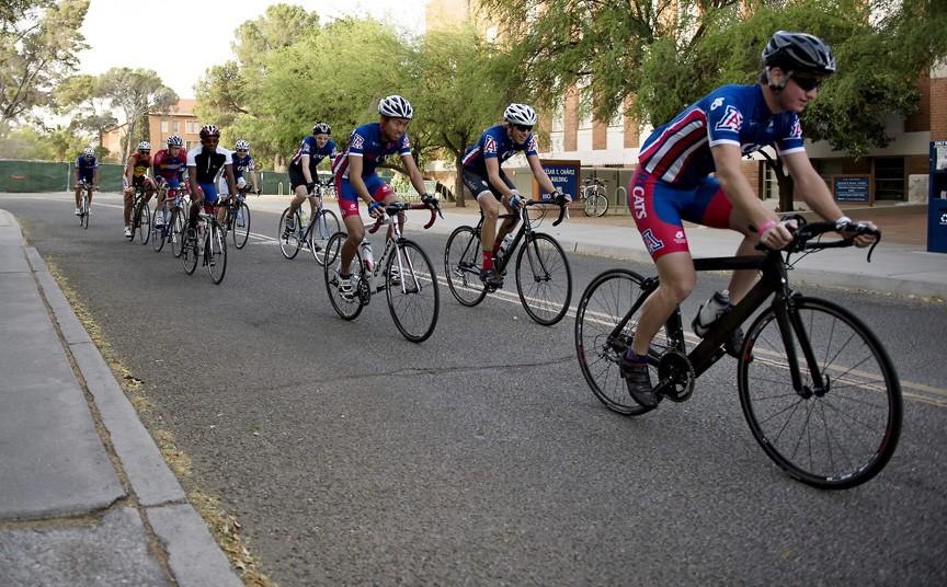 Carlos Herrera / The Daily Wildcat

Arizona TriCats push out for their Thursday morning bike ride on May, 1, 2014 in Tucson, Ariz. The team is hosting the Cat Me if You Can 5km run/walk race fundraiser at Reid Park on Sunday, May 4, which supports the TriCats and the Challenged Athletes Foundation.