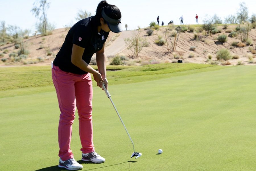 	File Photo / The Daily Wildcat

	Arizona freshman Wanasa Zhou works on putting during golf practice on Oct. 11. The Wildcats begin NCAA play this weekend at Oklahoma State.