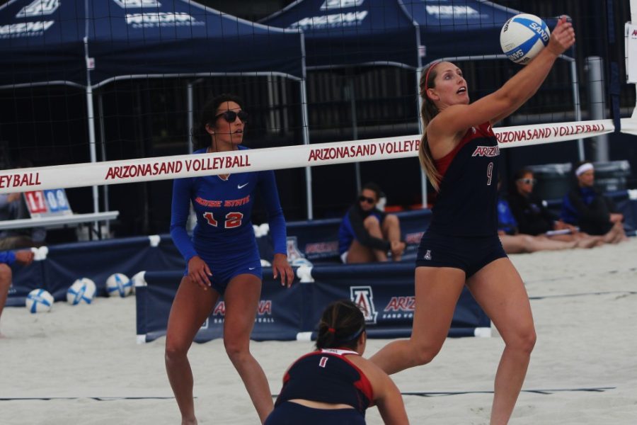 	Junior Madi Kingdon goes to volly the ball during Arizona’s 4-1 win to Boise State on Saturday at the Wildcats’ sand volleyball pit. Arizona finished its inaugural season 8-13.