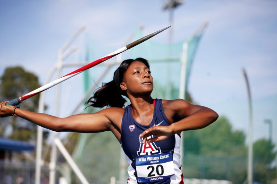 Arizona heptathlete Aleah Hurst competes in the javelin event in the Willie Williams Classic meet on Friday.  Although she competed in individual events, javelin and shot put, on Friday, Hurst will compete in multiple events as a heptathlete in future track and field meets.  Jeff Wick / The Daily Wildcat