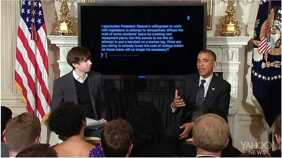 	Screenshot by Hannah Plotkin/ Arizona Summer Wildcat

	David Karp (left), founder of microblogging platform and social networking site Tumblr, and President Barack Obama (right) discuss financial issues such as student loan debt facing American college students on June 10. Obama answered questions submitted by users of the website during an online Q-and-A. 
