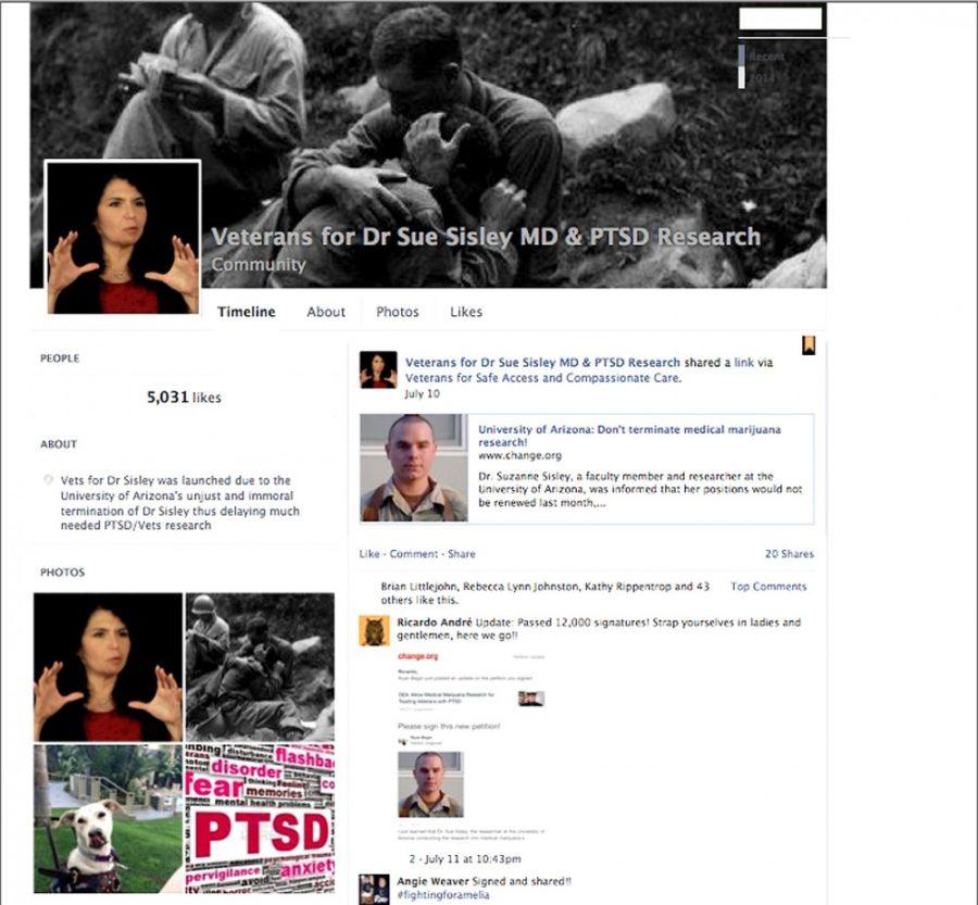	Screenshot by Rebecca Marie Sasnett / Arizona Summer Wildcat: After Dr. Sue Sisley’s termination from the UA, veterans started a Facebook page to support her return to the UA. The Facebook page, as of Tuesday afternoon, has more than 5,000 likes.