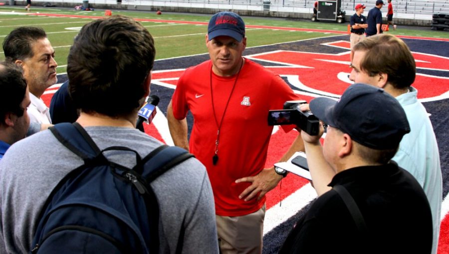 	<p>Arizona head coach Rich Rodriguez answers questions from the media after practice on Tuesday. Rodriguez has gone 16-10 in his first two seasons at Arizona, including back-to-back bowl wins. </p>