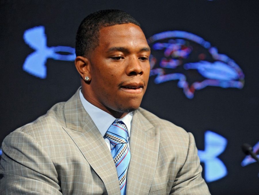 Ravens running back Ray Rice and his wife Janay made statements to the news media May 5, 2014, at the Under Armour Performance Center in Owings Mills, Md, regarding his assault charge for knocking her unconscious in a New Jersey casino. On Monday, Sept. 9, 2014, Rice was let go from the Baltimore Ravens after a video surfaced from TMZ showing the incident. (Kenneth K. Lam/Baltimore Sun/MCT) 