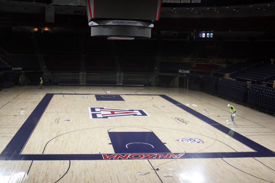Savannah Douglas / The Daily Wildcat

Vice President for Athletics Greg Byrne led a tour of the renovated McKale Center on Friday. The renovated area will feature new locker rooms for coaches and players, new eating areas, a new screening room and much more. The stadium has renovated seating as well, with blue and black chairs. 