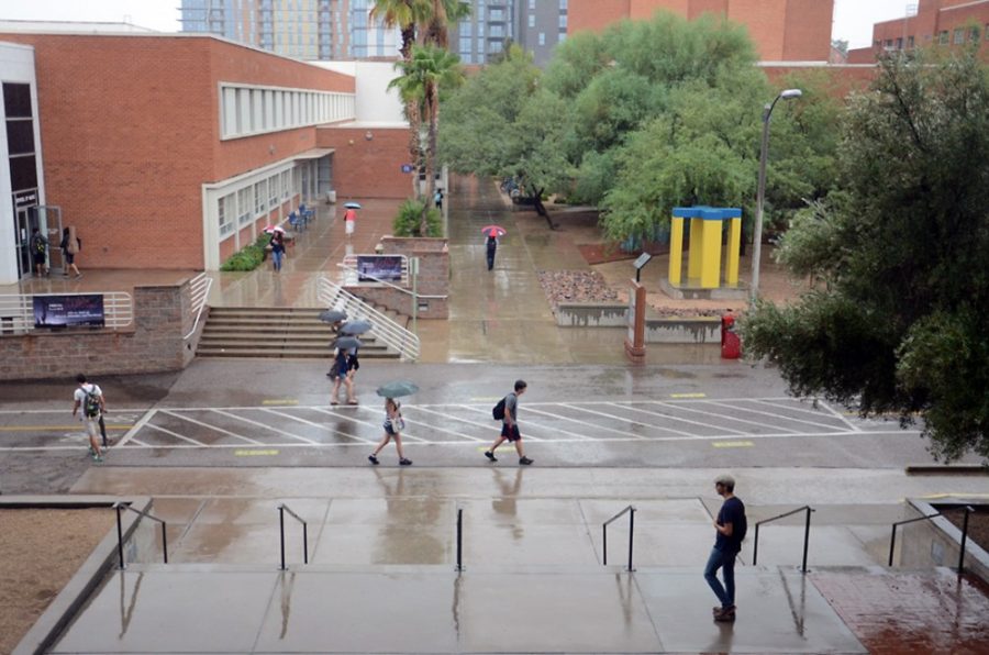 	Students prepare for severe weather warning outside of the Center of Creative Photography on Wednesday. The campus was not closed because the storm is no longer expected to hit Tucson. 