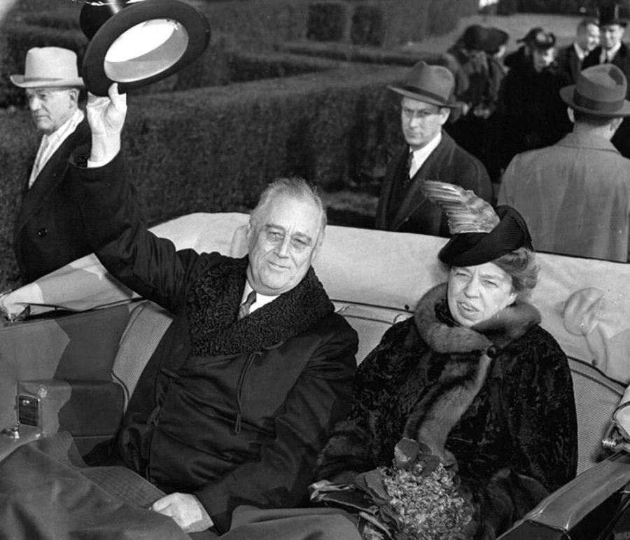 	Library of Congress

	Franklin and Eleanor Roosevelt ride in an open car while returing to the White House from FDR’s third inauguration in 1941.