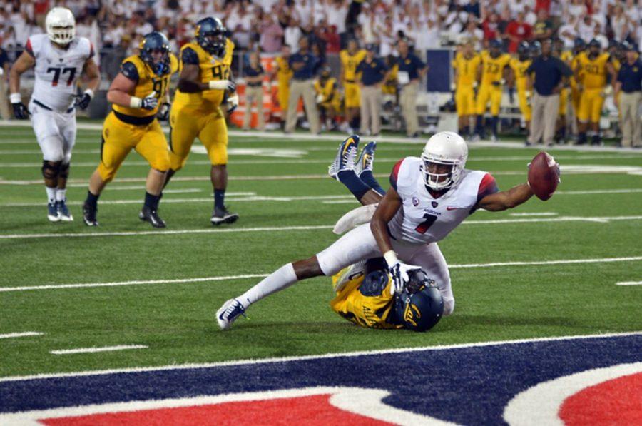 	<p>Arizona redshirt sophomore wide receiver Cayleb Jones (1) scores his second of three touchdowns during the UA’s 49-45 win against California on Saturday at Arizona Stadium. Over the weekend, Arizona experienced several wacky plays that shaped the outlook of its win over Cal.</p>
