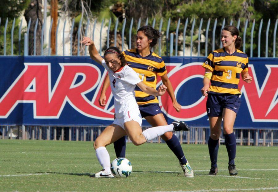 Arizona freshman midfielder Gabi Stoian (9) scores Arizonas lone goal during Arizonas 1-1 tie in double overtime against California on Sunday at Murphey Field at Mulcahy Soccer Stadium. Stoian and the Wildcats played back-to-back overtime games over the weekend against Stanford and Cal.