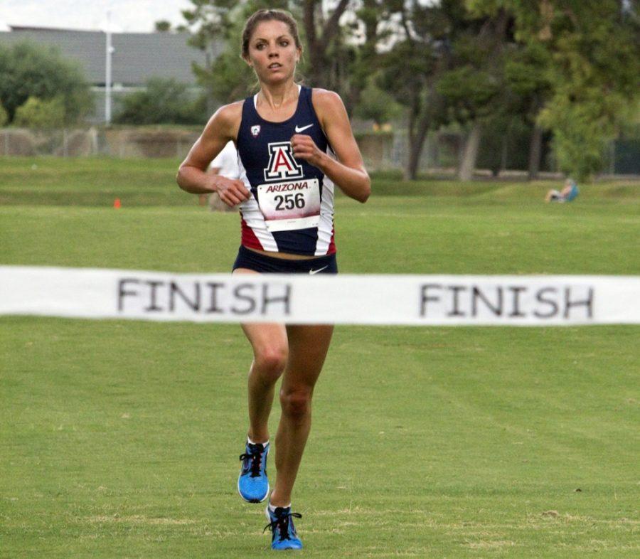 Arizona+redshirt+senior+Kristina+Aubert+crosses+the+finish+line%2C+winning+first+place+in+the+three-mile+race+with+a+time+of+16%3A40.00+on+Sept.+19+during+the+2014+Dave+Murray+Invitational+at+Del+Urich+Golf+Course.+Aubert+transferred+from+Arkansas+State+and+has+adjusted+well+to+her+new+team+and+college.