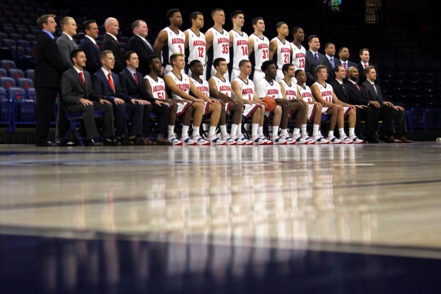The+2014-2015+mens+basketball+team+poses+for+its+team+photo+during+Media+Day+on+Oct.+8+in+McKale+Center.+The+McDonalds+Red-Blue+Game+is+on+Saturday+with+tip-off+set+for+3+p.m.+in+McKale+Center.