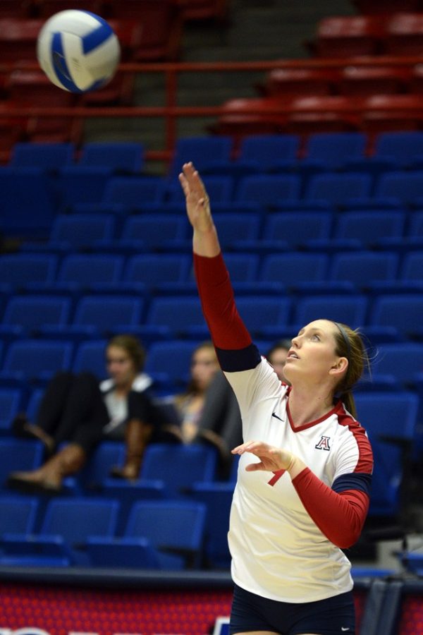 Arizona then-junior outside hitter Madi Kingdon (9) spikes the ball during Arizonas 3-0 win against Utah in McKale Center last season. The Wildcats continue Pac-12 Conference road play against Utah and Colorado, looking to extend their seven-game winning streak.