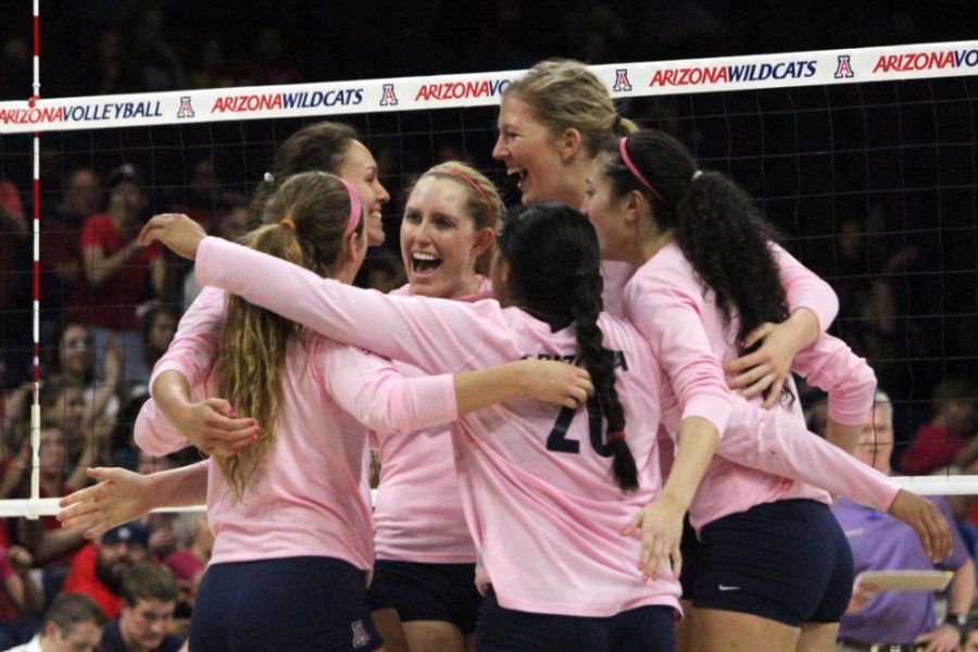 Arizona+senior+outside+hitter+Madi+Kingdon+%289%29+rejoices+with+her+teammates+after+winning+the+second+set+during+Arizonas+3-1+loss+to+Washington+on+Oct.+19+in+McKale+Center.+Kingdon+was+named+one+of+the+10+finalists+for+the+Senior+CLASS+award.