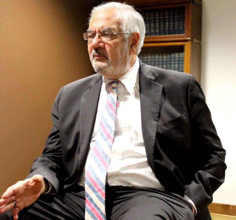 Kyle Hansen /  The Daily Wildcat

Former Congressman of Massachusetts Barney Frank answers questions from media members at Roger College of Law on Thursday, Oct. 16. Frank served as a member of the U.S. House of Representatives for 32 years.