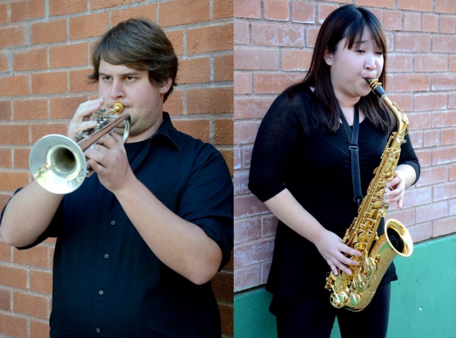 Cory+Driscoll+%28left%29%2C+a+first-year+musical+arts+graduate+student%2C+plays+his+trumpet+and+Christine+Yi+%28right%29+a+musical+perfomance+sophomore%2C+plays+her+saxaphone+outside+of+the+School+of+Music+on+Saturday+after+performing+%26%23698%3BFanfare%26%23698%3B+with+the+UA+Trumpet+Studio+in+the+Concert+VI+portion+of+the+%26%23698%3BMusic+++Festival+2014%3A+Villa-Lobos%2C+Ginastera%2C+Ch%26%23225%3Bvez%2C+Revueltas.%26%23698%3B